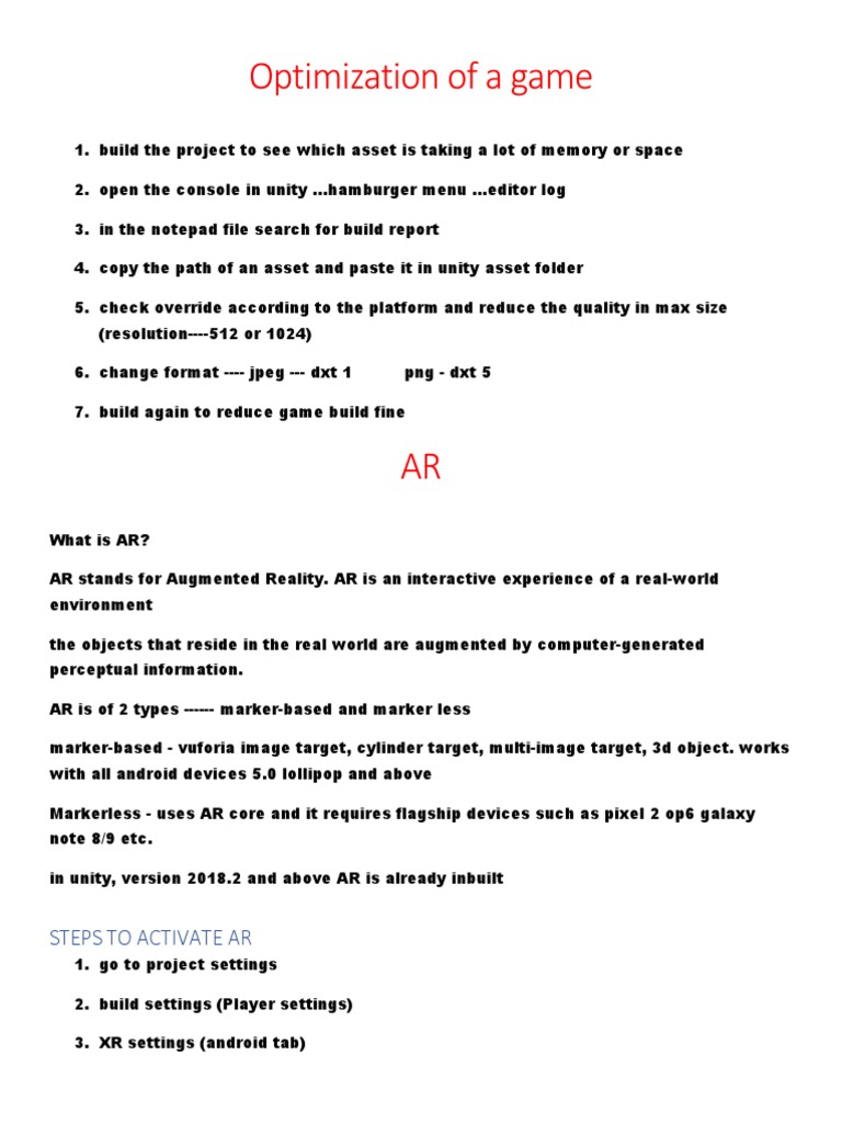 Game Optimization and AR Setup Guide | PDF | Augmented Reality ...