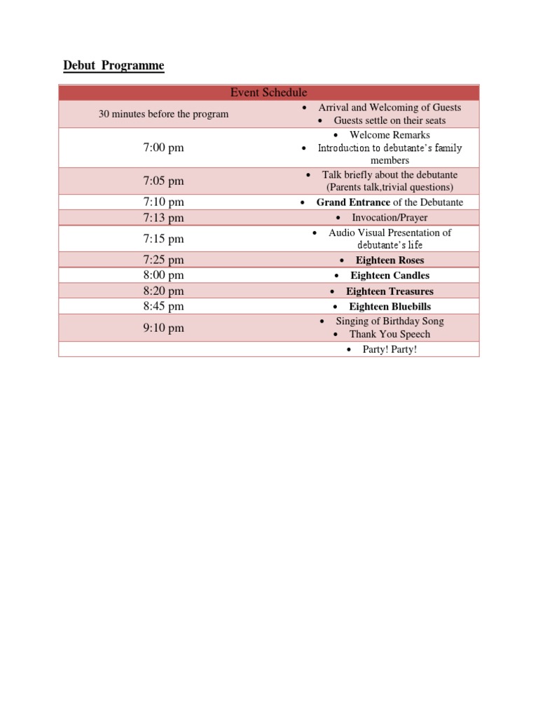 Debut Program Schedule for 18th Birthday | PDF
