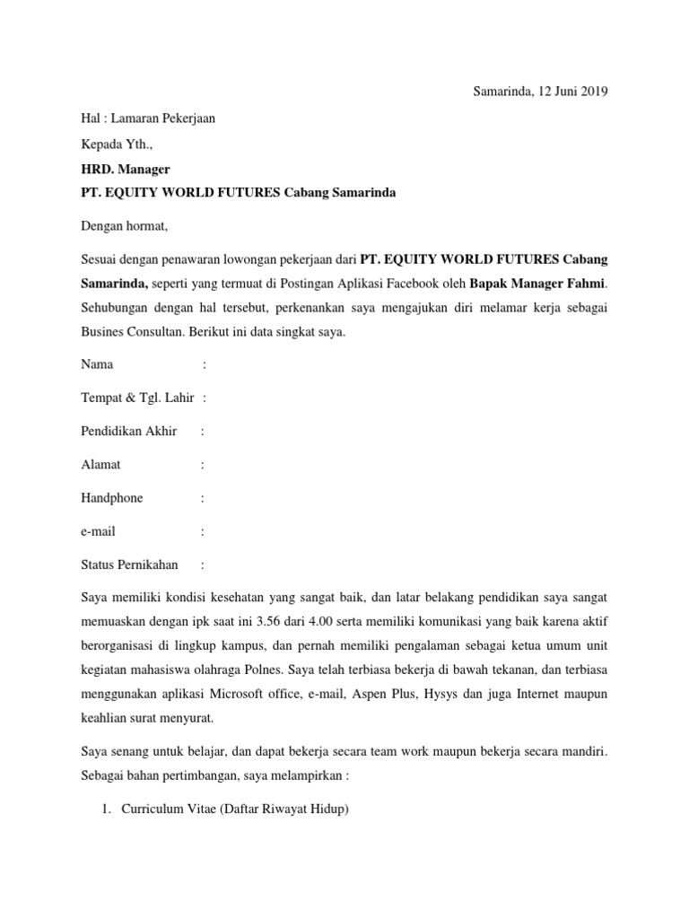 Surat Lamaran Pekerjaan Pt