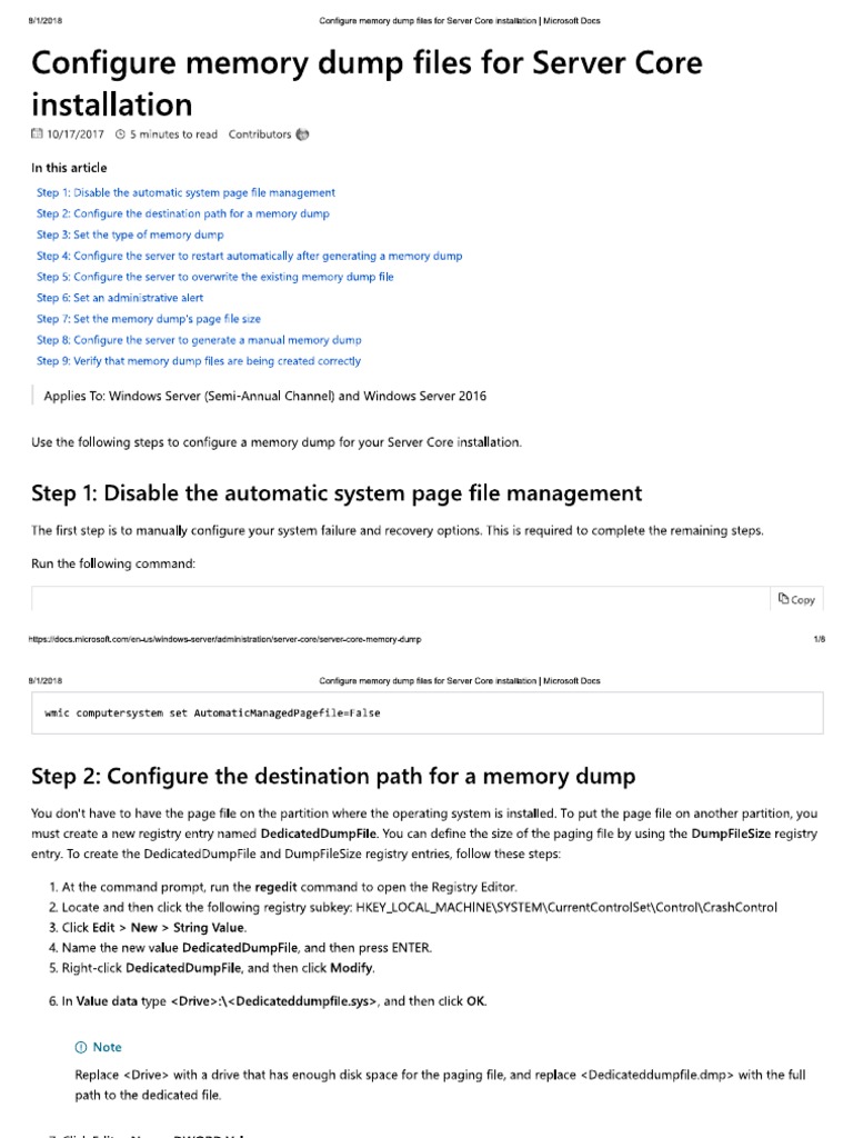 Configure Memory Dump Files For Server Core Installation - Microsoft ...