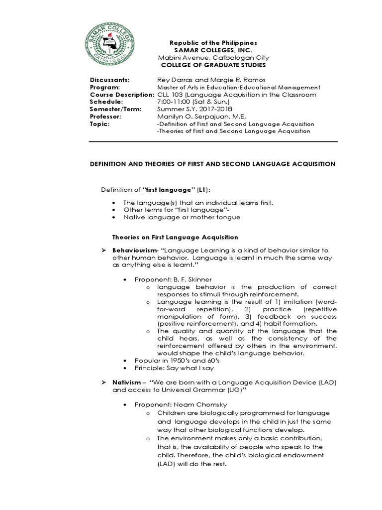 Theories of First and Second Language Acquisition | PDF | Second ...