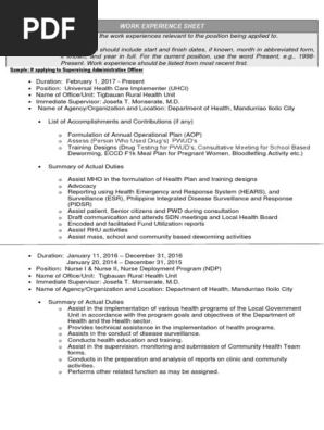 sample Work Experience Sheet