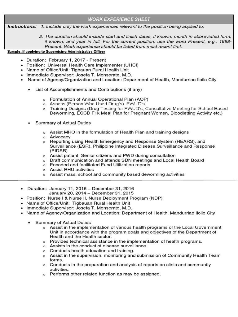 work experience assignments