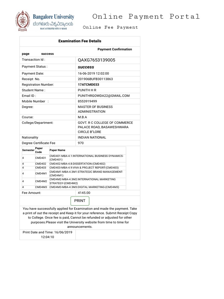 Bangalore University Fee Receipt PDF Receipt Thesis