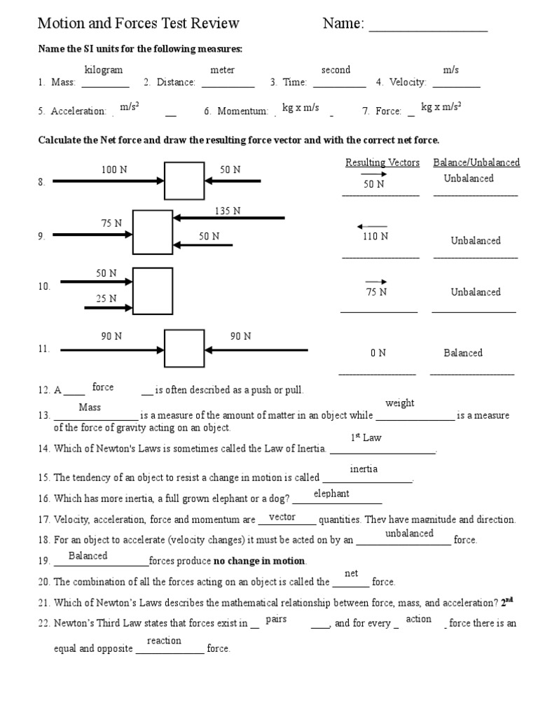 Motion and Forces Test Review With Answers | PDF | Friction | Force