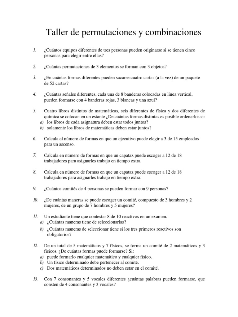 Taller de Permutaciones y Combinaciones | PDF | Permutación | Business