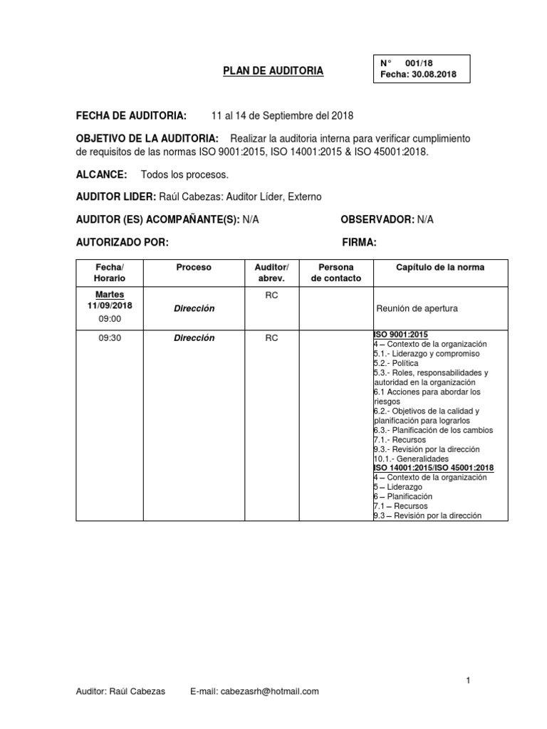 Plan de Auditoría Interna ISO 9001, 14001 y 45001 | PDF | Planificación ...