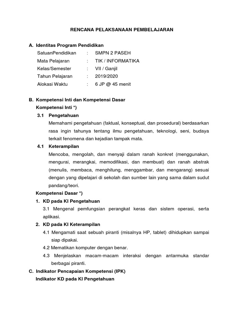 RPP Mata Pelajaran TIK/Informatika SMP Kelas 7