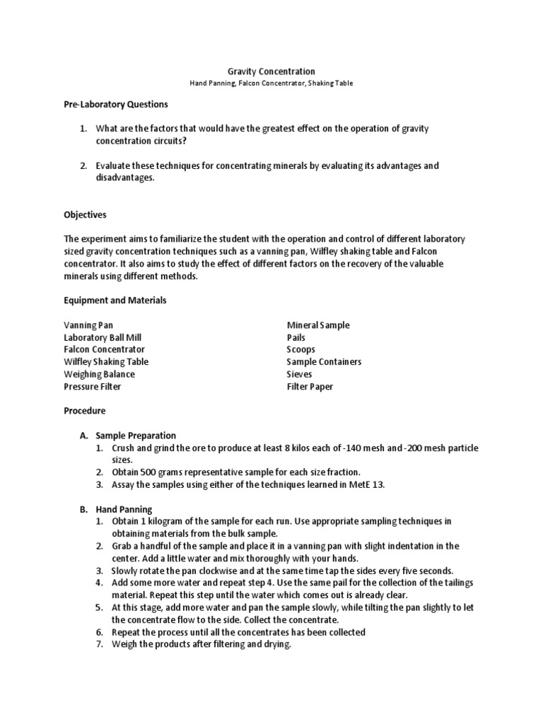 Gravity Concentration Lab Guide | PDF | Filtration | Kilogram