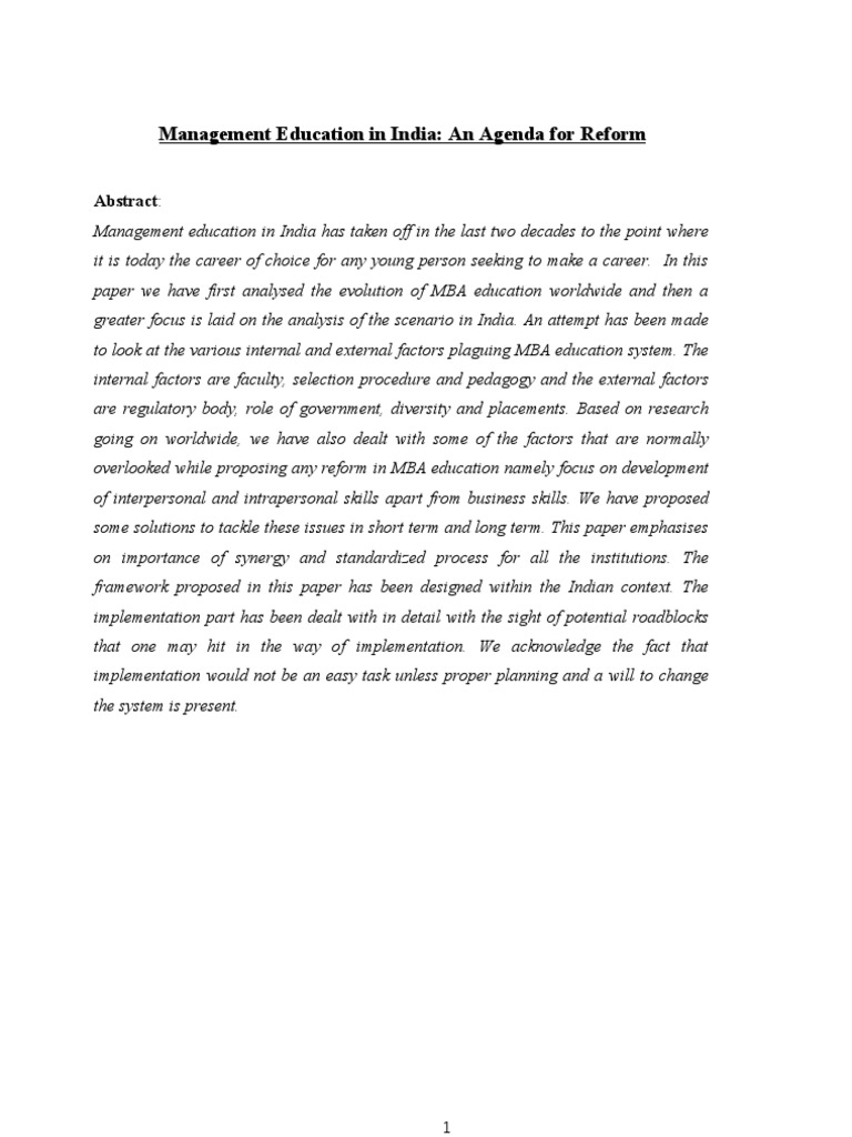 Management Education in India: An Agenda For Reform: Abstract | PDF ...
