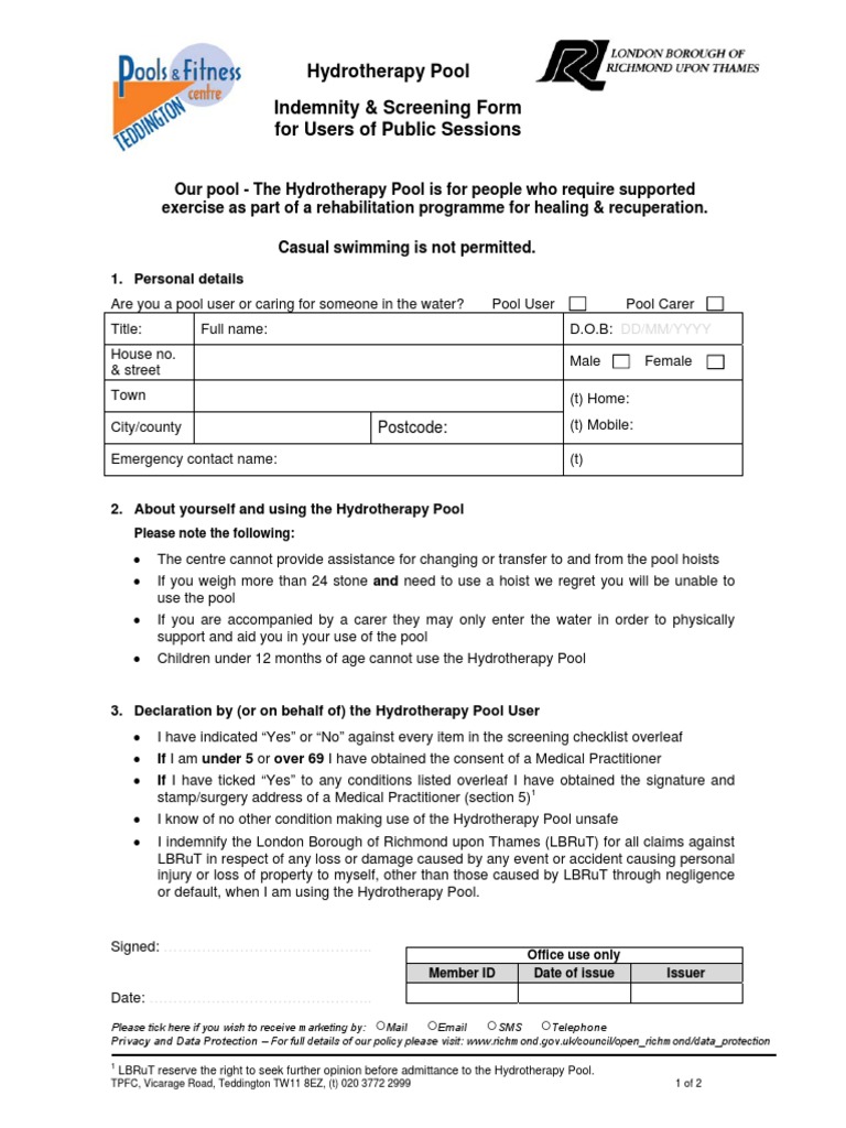 Hydrotherapy Pool Indemnity Form | PDF | Physical Therapy | Clinical ...