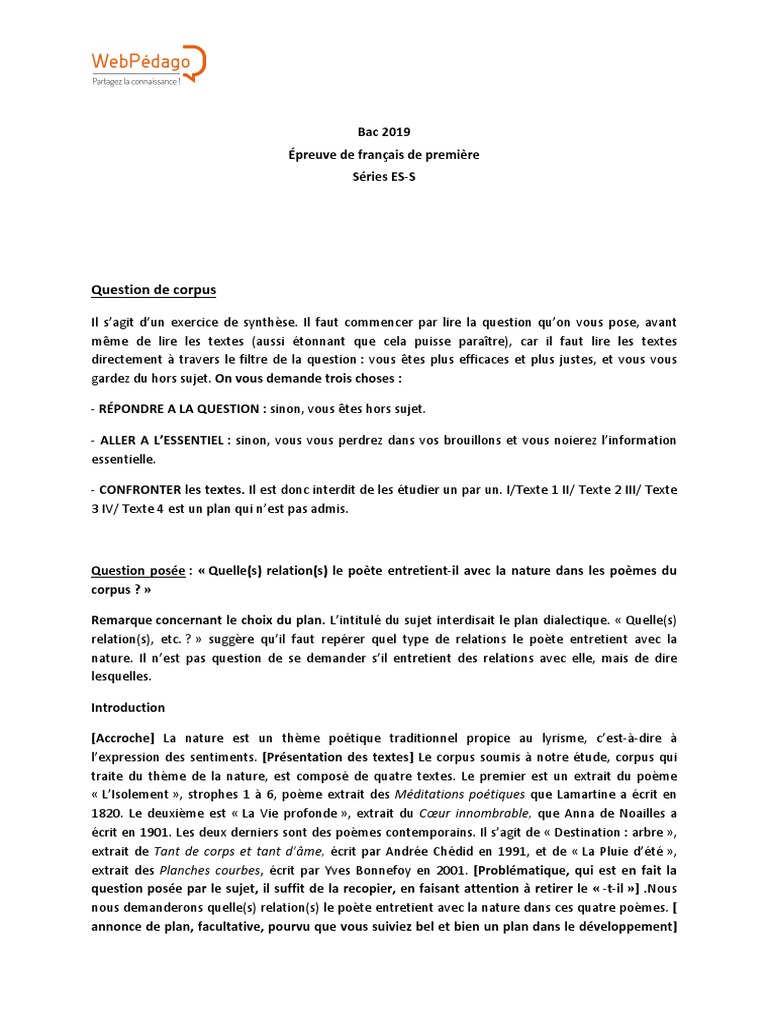 Sujet Brevet Français Poésie Avec Corrigé