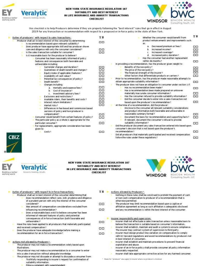 New York State Insurance Regulation 187 Checklist PDF Insurance