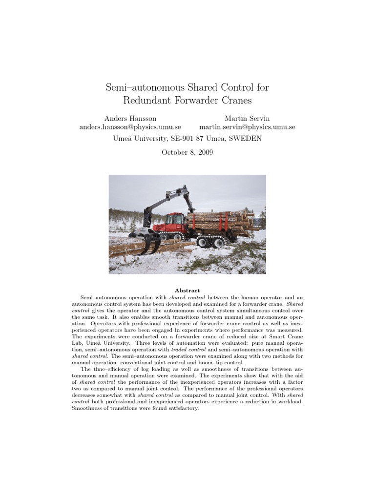 Semi-Autonomous Control for Forwarder Cranes | PDF | Control Theory ...