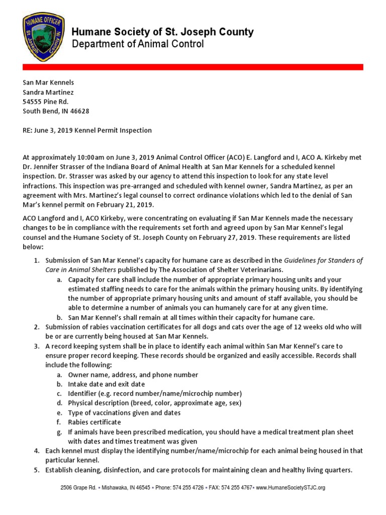 San Mar Kennel 6.3.19 Kennel Inspection Report PDF Veterinary
