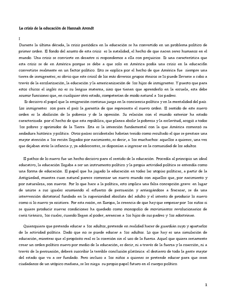 La crisis de la educación, de Hannah Arendt resumen del texto.docx