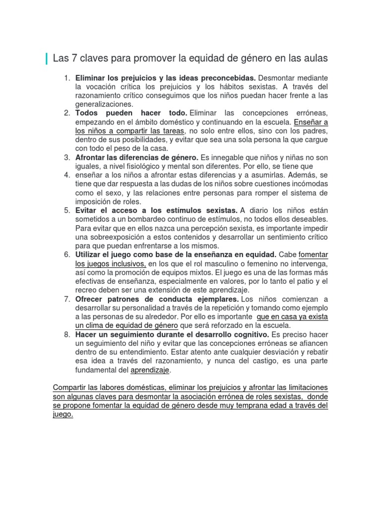 Claves para la Equidad de Género Escolar | PDF | Sexismo | Igualdad de ...