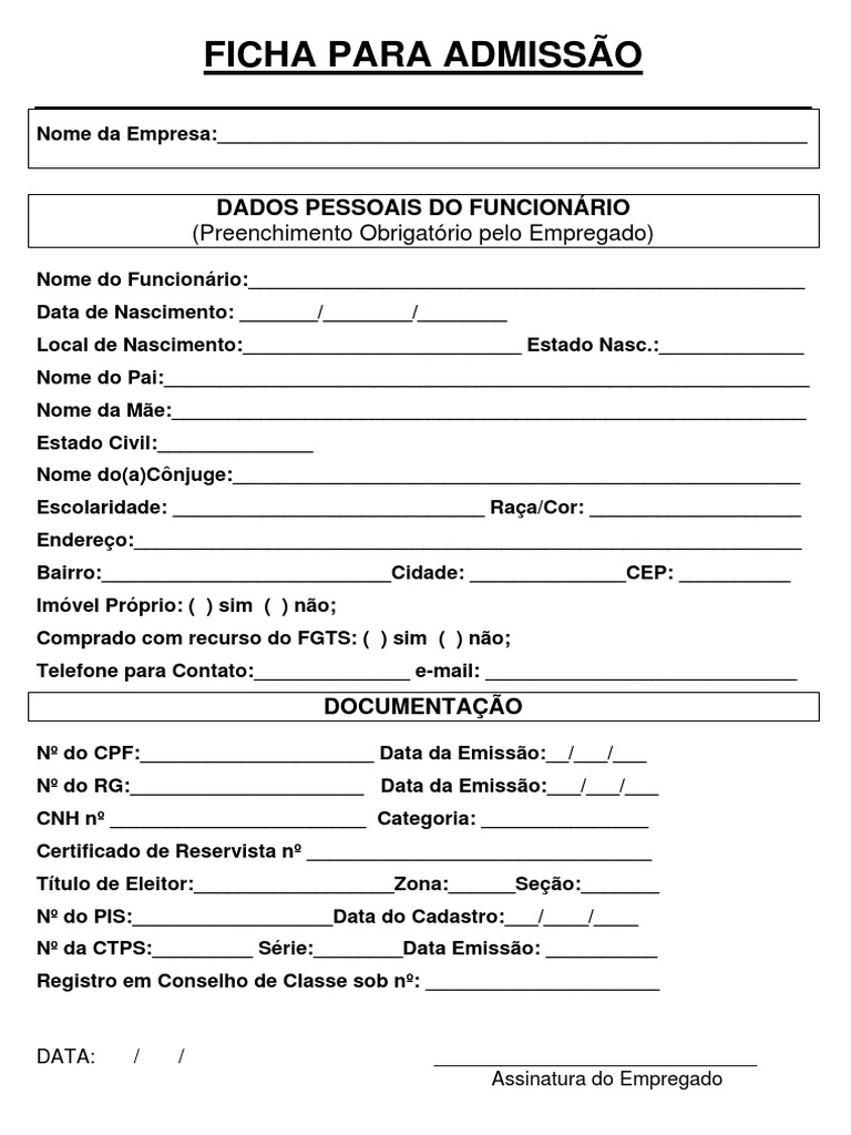 Ficha de Admissão de Funcionário | PDF | Documentos oficiais | Brasil