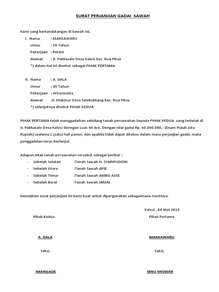 Surat Perjanjian Gadai Sawah