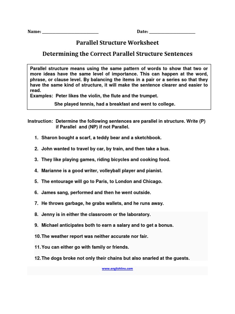 Determining The Correct Parallel Structure Worksheet Pdf Semiotics
