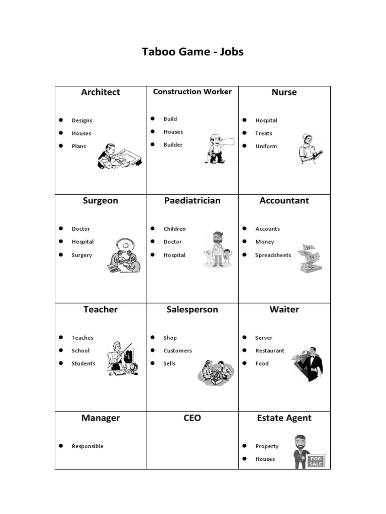 Taboo Activity Jobs Flashcards Fun Activities Games 107353 PDF