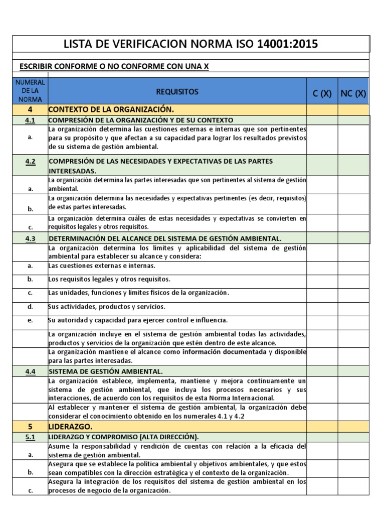 Lista Verificacion Norma ISO 14001 | PDF | Evaluación del ciclo de vida ...
