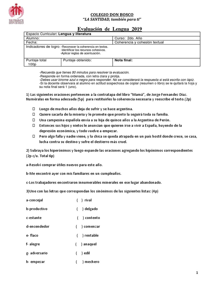 Evaluación de Lengua 2019 - 2do Año | PDF | Estudios de idiomas extranjeros