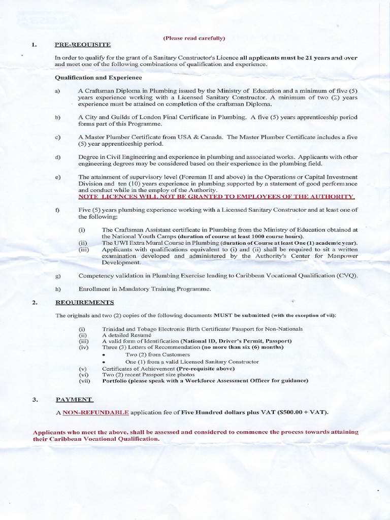 Application For A Plumbing License in Trinidad and Tobago PDF