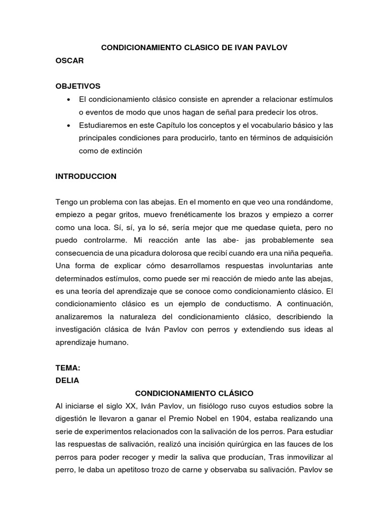 Condicionamiento Clasico de Ivan Pavlov Nombre | PDF | Perros | Aprendizaje