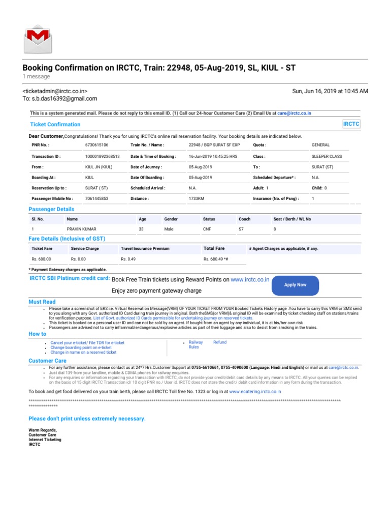 IRCTC Train Ticket Confirmation | PDF | Credit Card | Service Industries