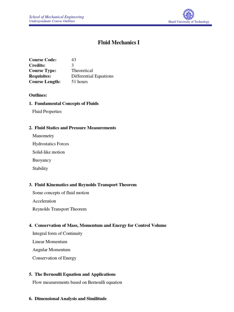 Fluid Mechanics I Course Outline | PDF