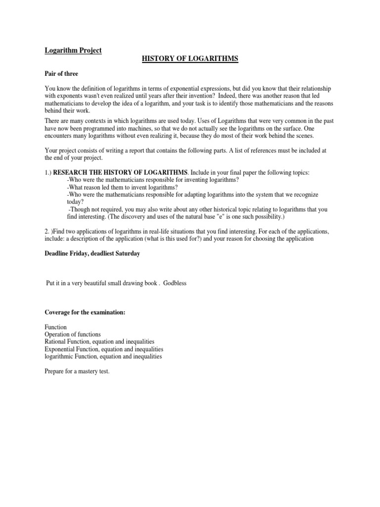 Logarithm Project History of Logarithms PDF