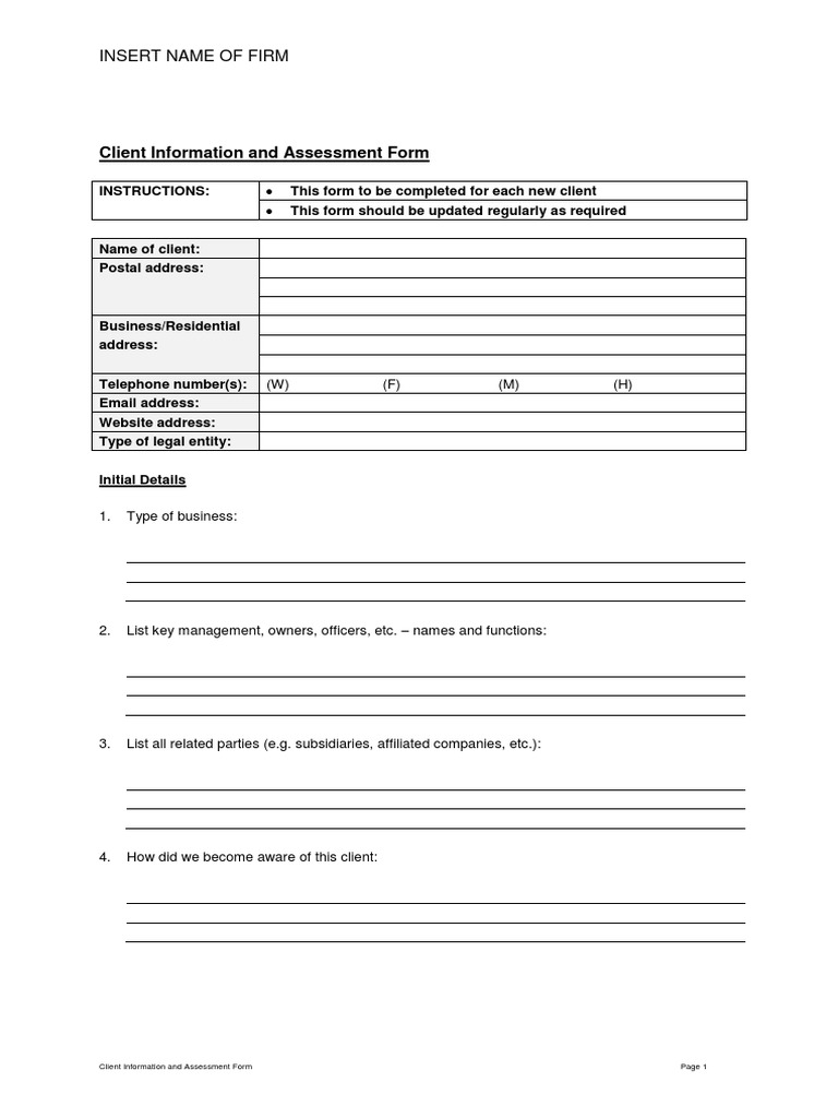 Client Information Assessment Form Pdf Accounting Service Industries