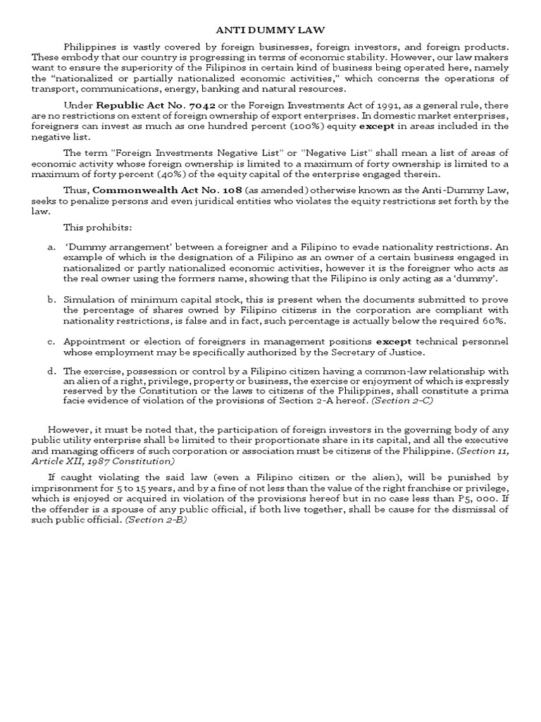 Regulating Foreign Investment An Overview of the Philippine AntiDummy