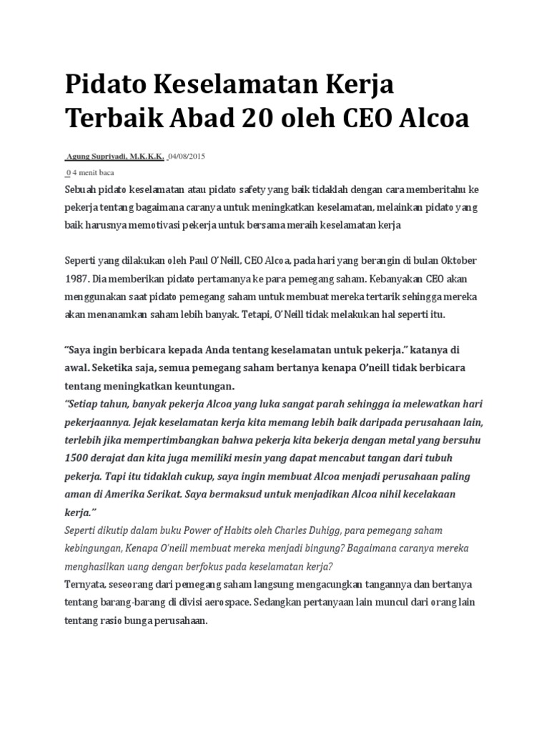 Pidato Keselamatan Kerja Terbaik Abad 20 Oleh Ceo Alcoa