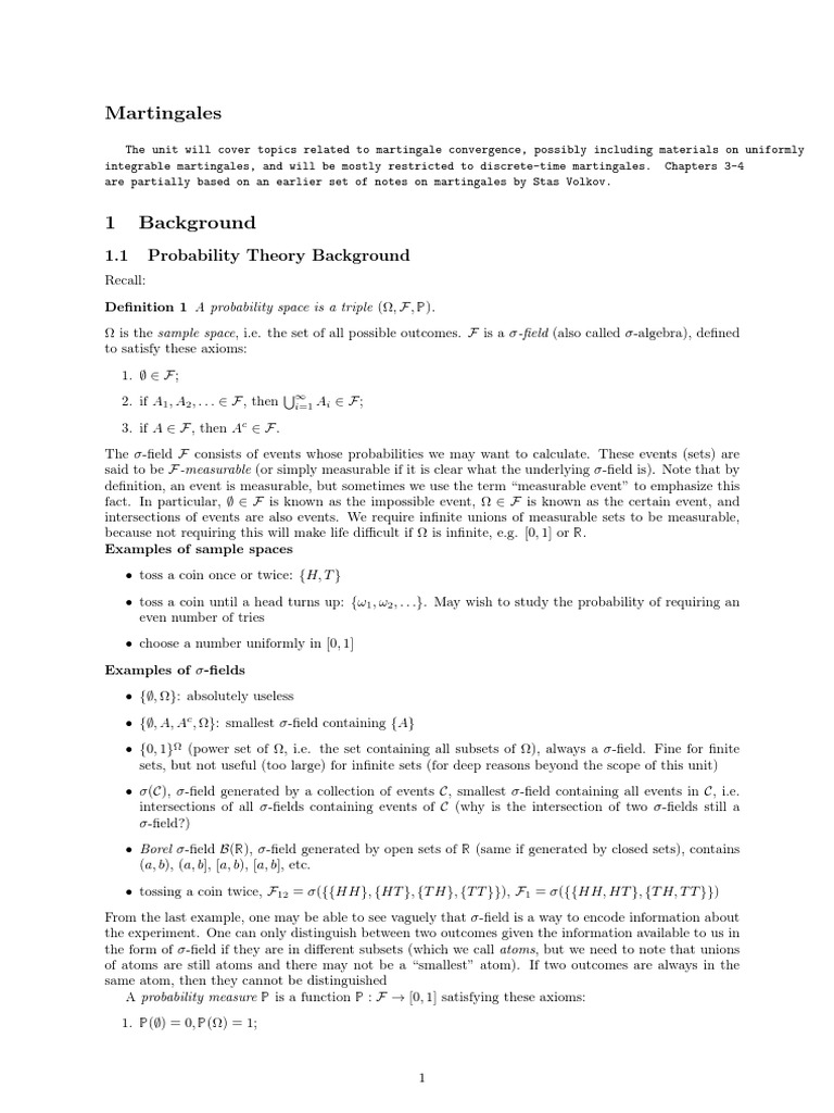 Feng Yu Notes On Martingales PDF Expected Value Probability Theory