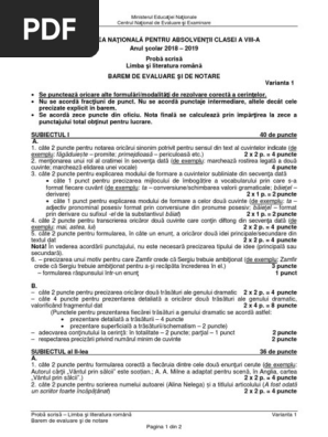 Evaluarea Nationala Clasa A Viii A Limba Romana 2019 Barem