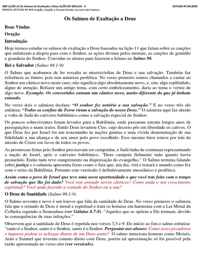 Lição 11 - Os Salmos de Exaltação A Deus | PDF | Salmos | Santo