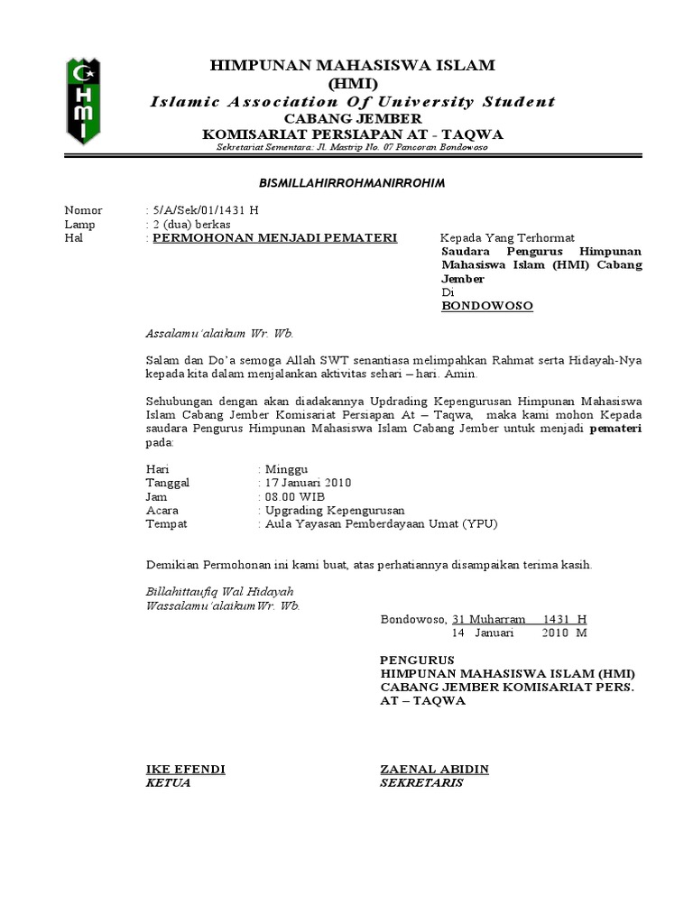 Permohonan Menjadi Pemateri