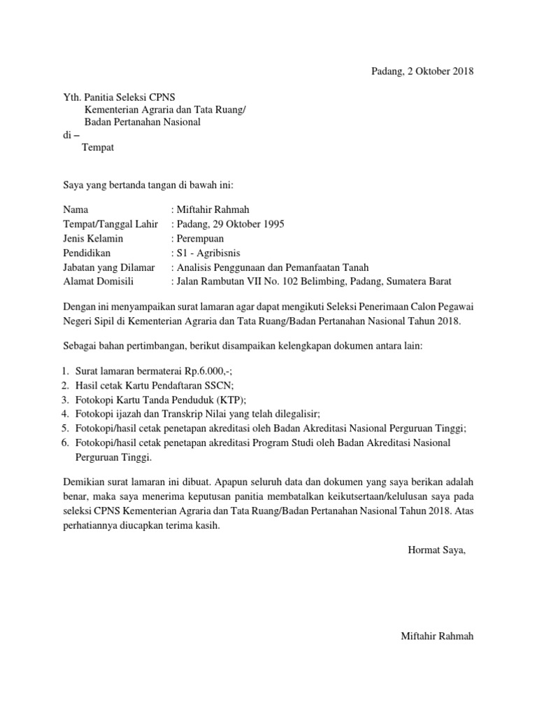 Contoh Surat Lamaran Cpns Kementerian Agraria Dan Tata ...