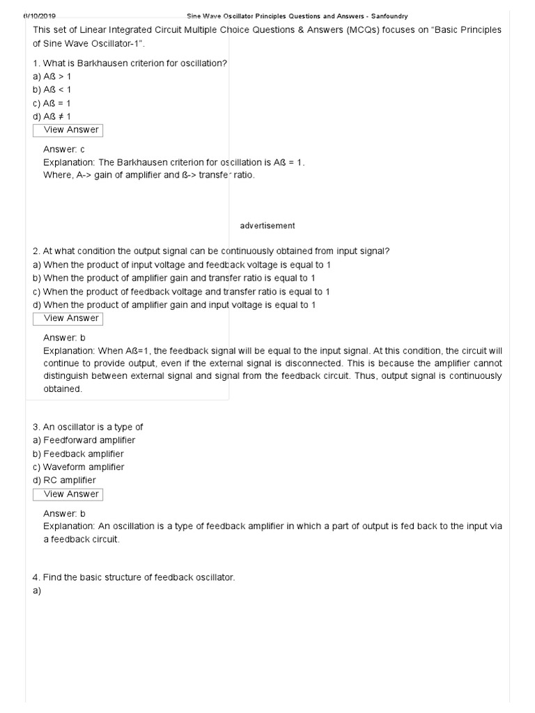 Sine Wave Oscillator Principles Questions and Answers Sanfoundry