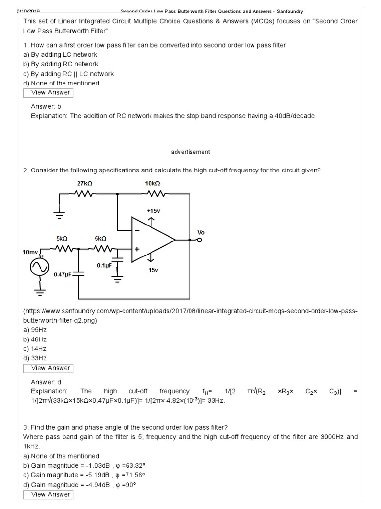 Butterworth Filter MCQs for Engineers | PDF | Low Pass Filter ...