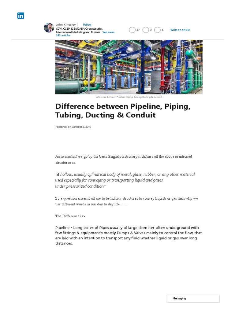 Difference Between Pipeline, Piping, Tubing, Ducting & Conduit PDF