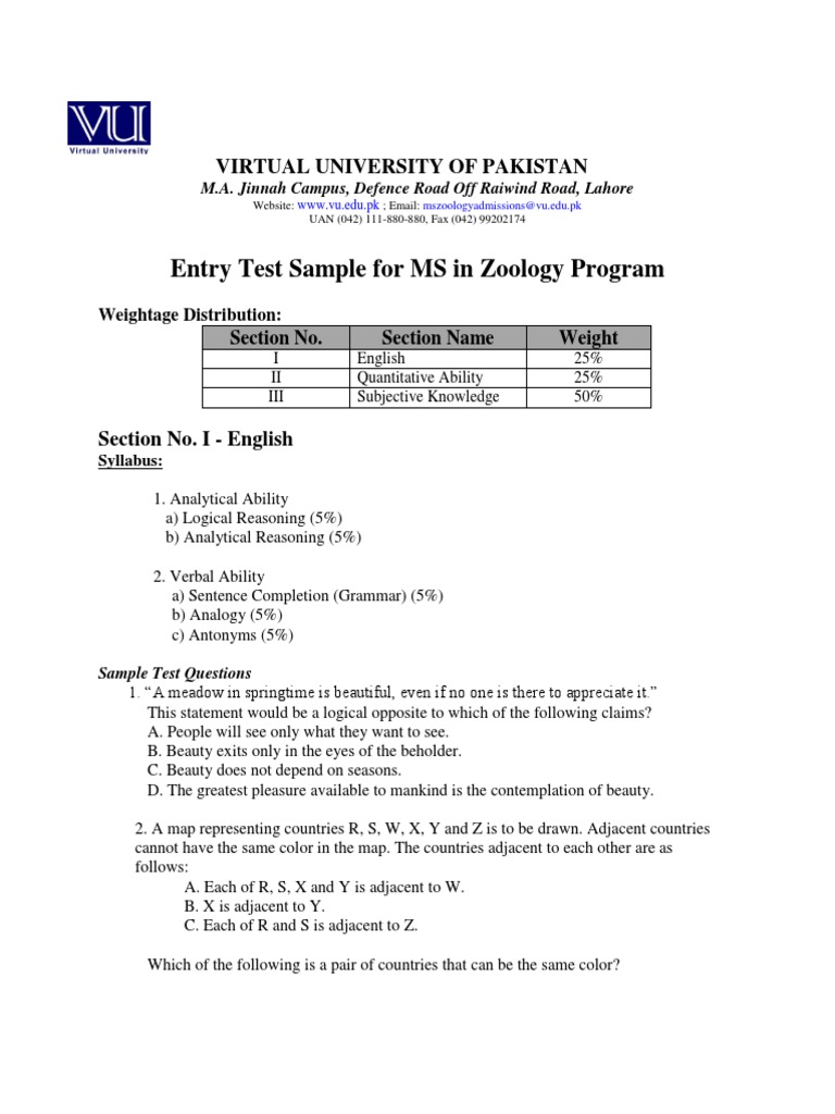 Sample Test For MS Zoology PDF Quantity Teaching Mathematics