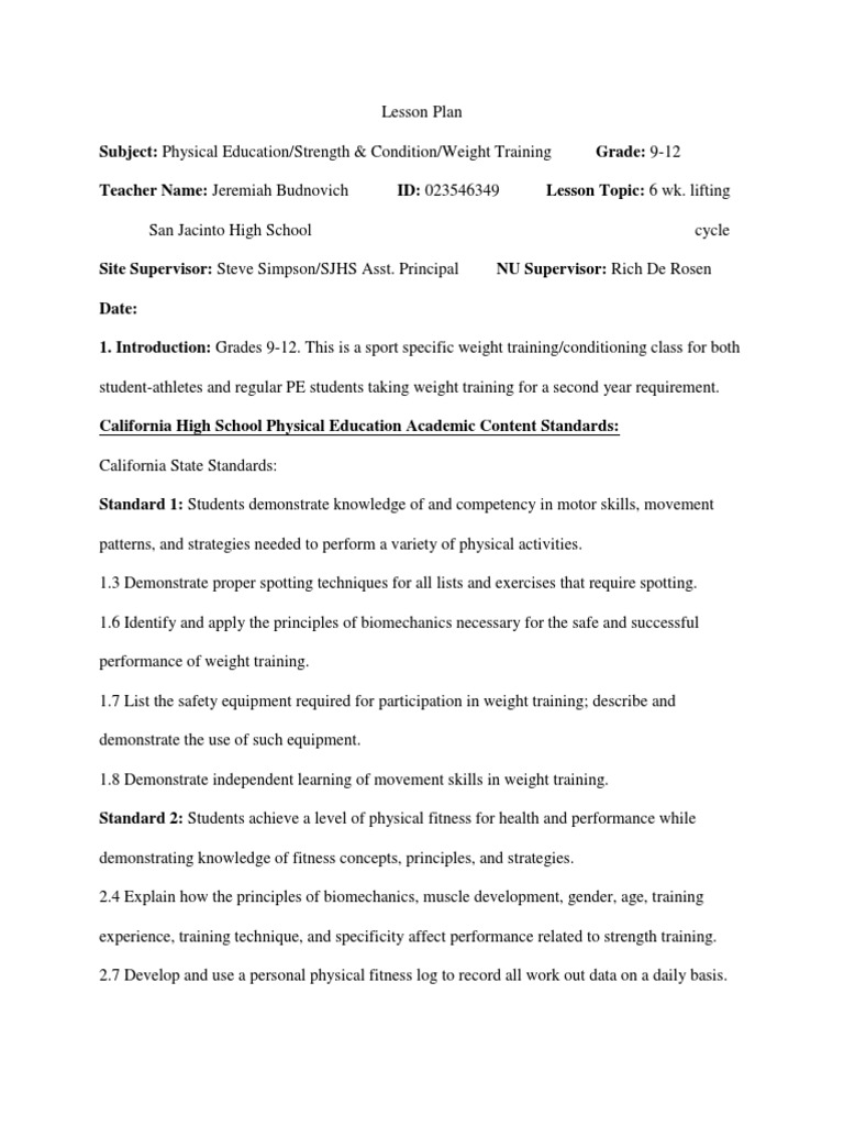 Weight Training Lesson Plan for Grades 9-12 | PDF | Weight Training ...