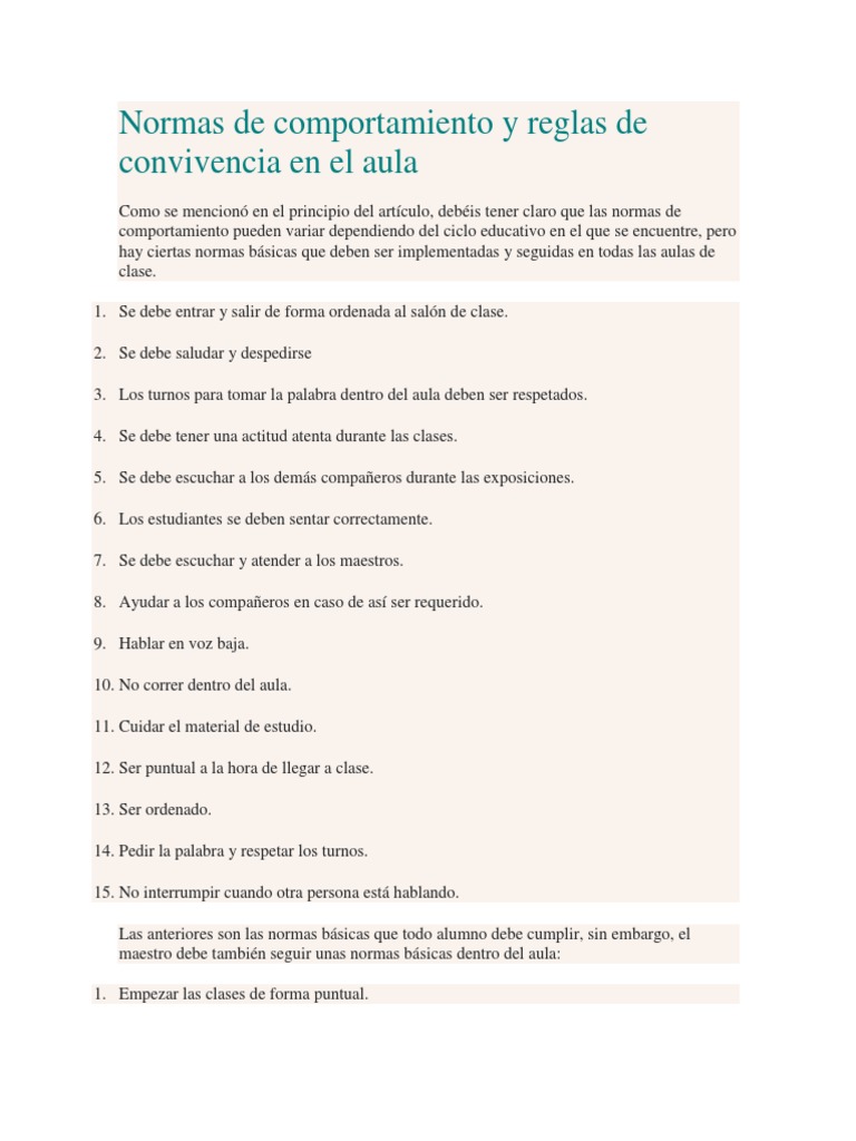 Normas de Comportamiento en el Aula | PDF | Salón de clases | Tolerancia