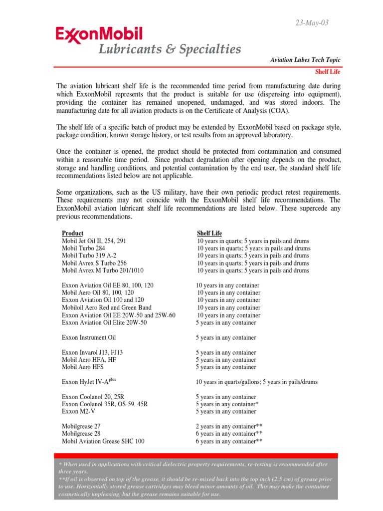 ExxonMobil Aviation Lube Shelf Life PDF Shelf Life Exxon Mobil