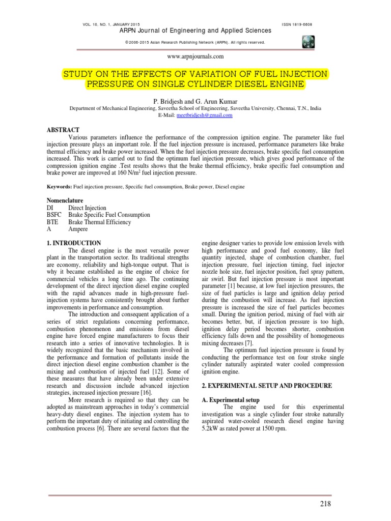 Study On The Effects of Variation of Fuel Injection Pressure On Single ...