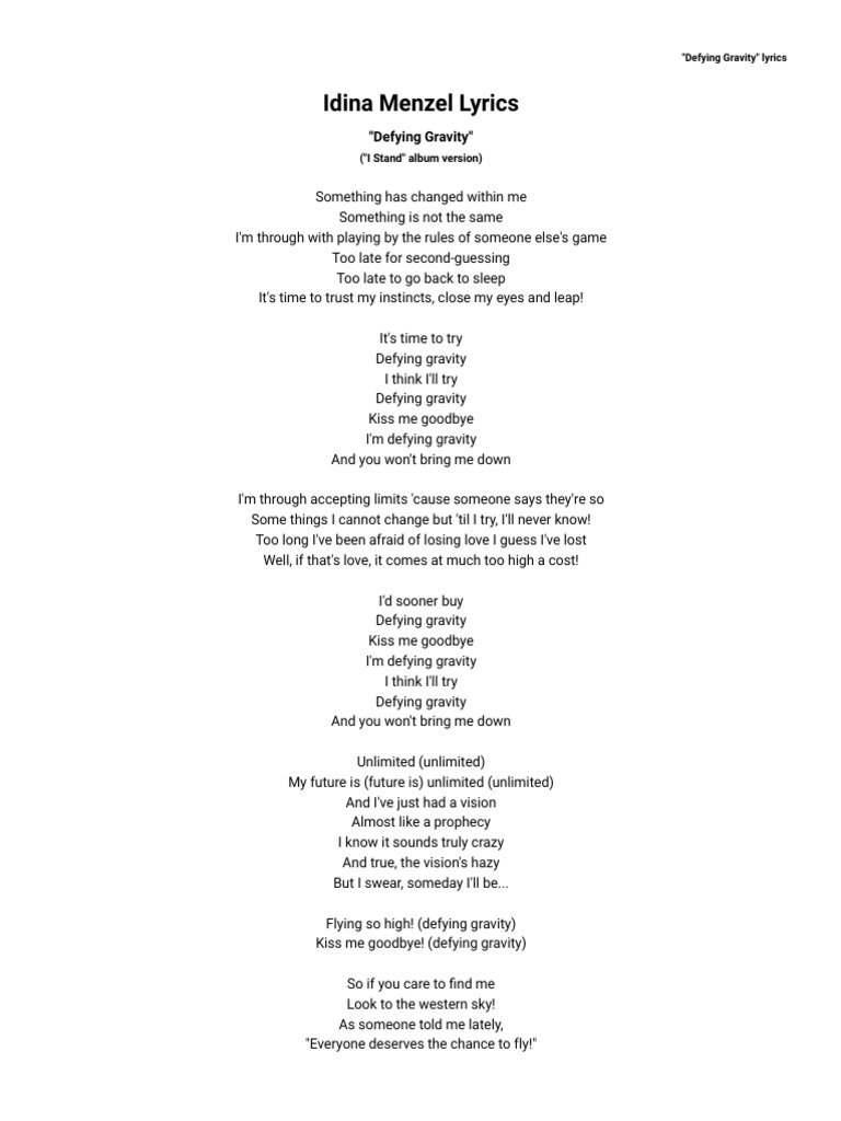 Idina Menzel Defying Gravity Lyrics Azlyrics Com