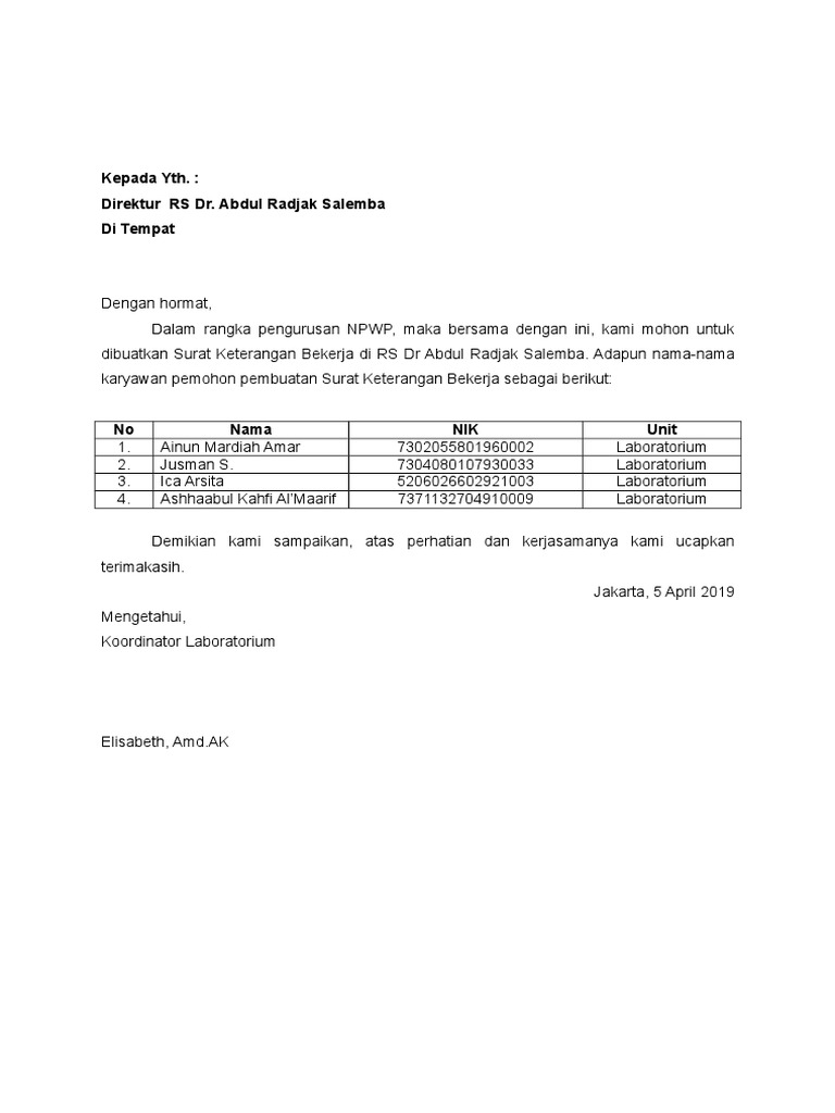 Surat Permohonan Keterangan Bekerja Kepada Direktur Untuk